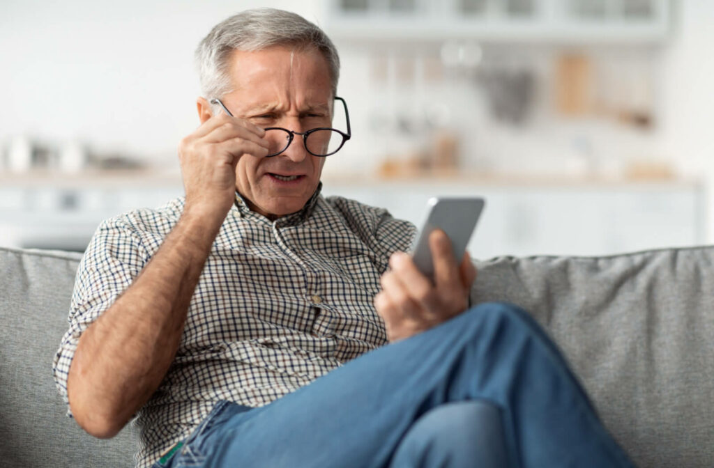 A senior man wearing glasses and squinting his eyes to see more clearly while holding a phone in his left hand.