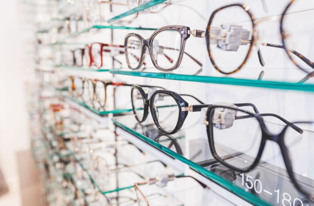 A display rack with a wide selection of eyeglasses frames to choose from.